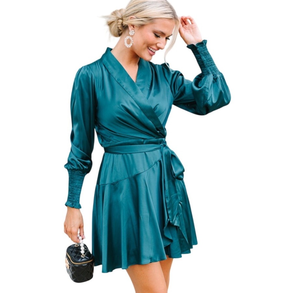 Fate Teal Blue Satin Wrap Mini Dress Smocked Cuff Romantic Flowy Feminine
XS